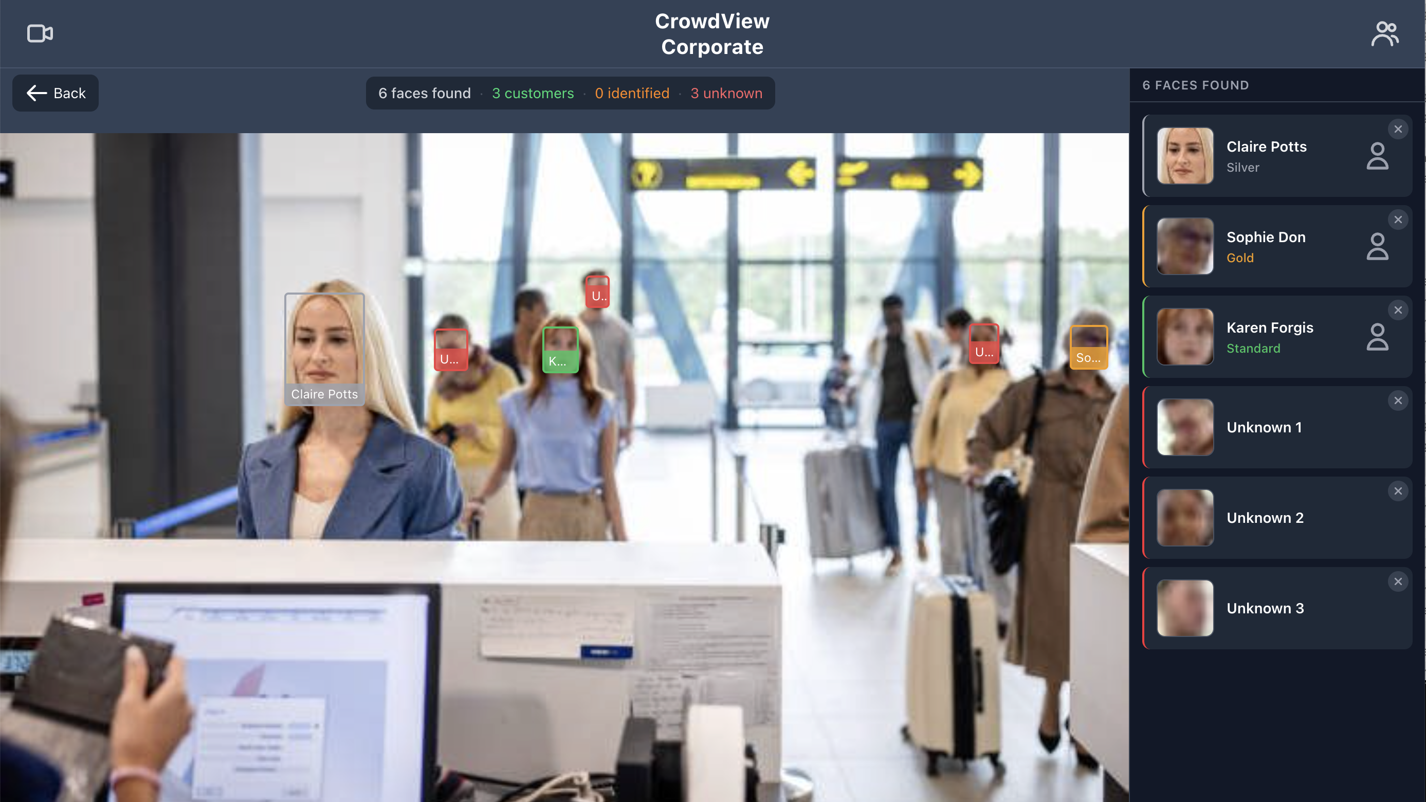 CrowdView identifying customers at an airline check-in desk
